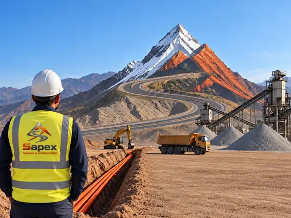 A Sapex worker looking toward a snow-capped mountain shaped like the company emblem, with a winding road climbing it, an excavator beside a trench of orange fiber-optic ducts, a dump truck and a crushing plant with gravel stockpiles