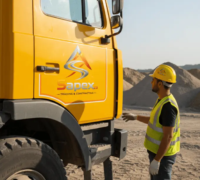 Sapex worker beside a branded heavy truck at a quarry and aggregate site