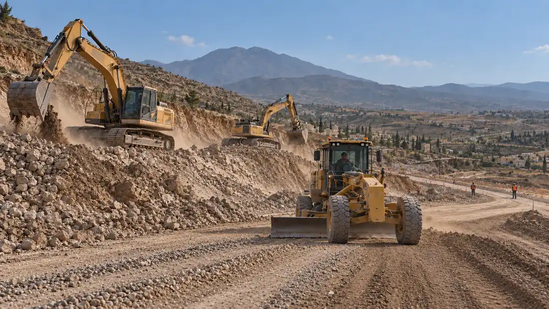 Excavators cutting into a hillside and a motor grader levelling the ground on an earthworks site at the foot of a mountain