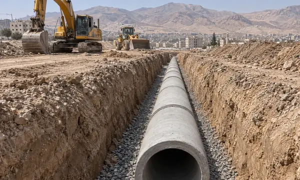 The open end of a concrete pipe at the bottom of an open trench on a gravel bed, with an excavator and a loader behind it