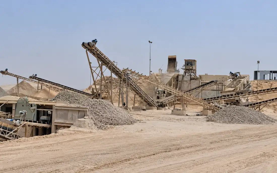 A stone crushing site with its conveyor belts, crushing plant and aggregate stockpiles on the quarry floor