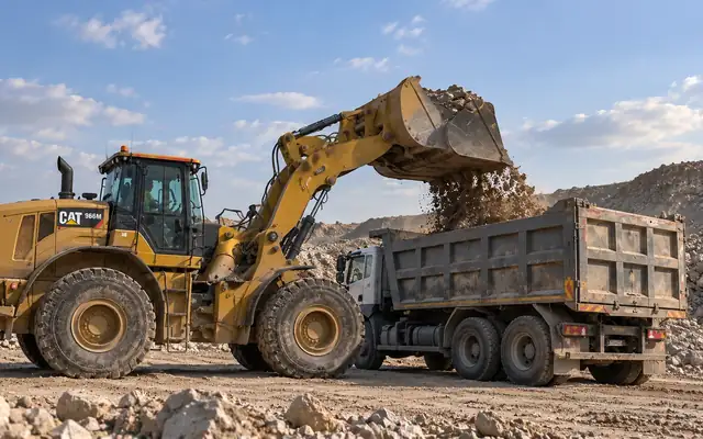A wheel loader emptying a bucket full of aggregate into a dump truck at the quarry