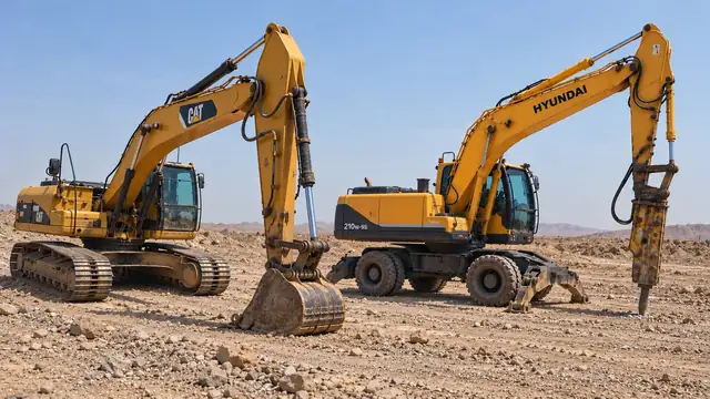 A crawler excavator with a bucket next to a wheeled excavator fitted with a hydraulic breaker, on desert ground