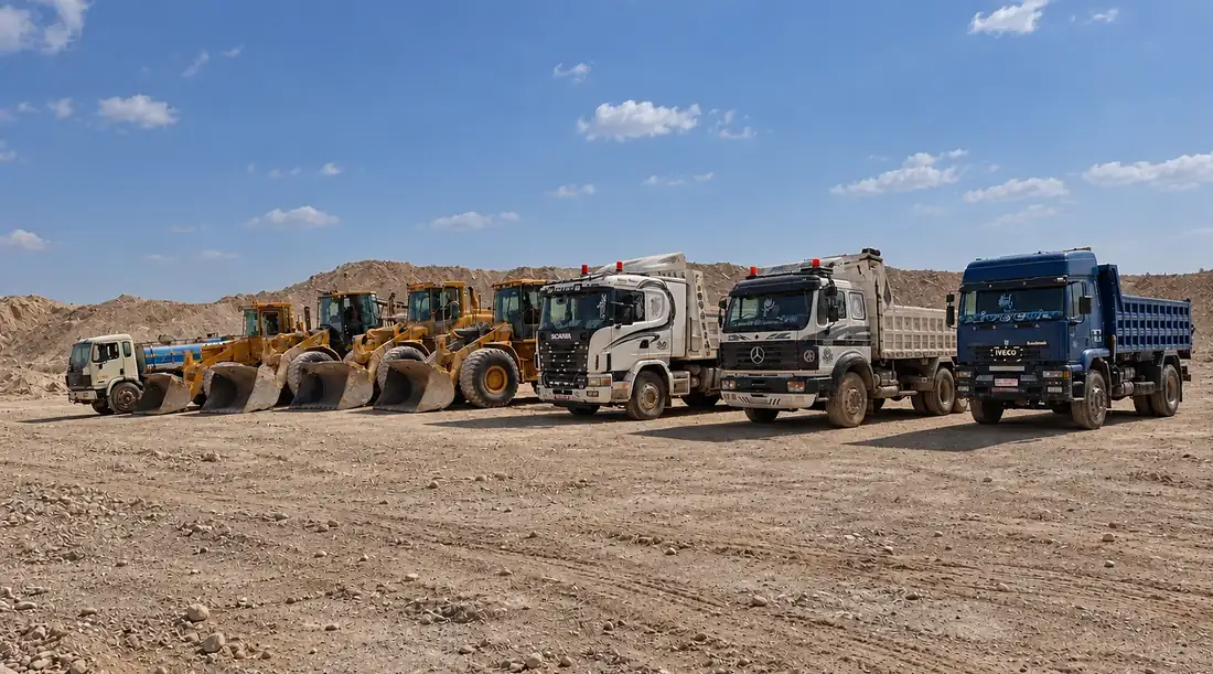 A row of Sapex machines lined up in the quarry yard: a water tanker, wheel loaders and dump trucks
