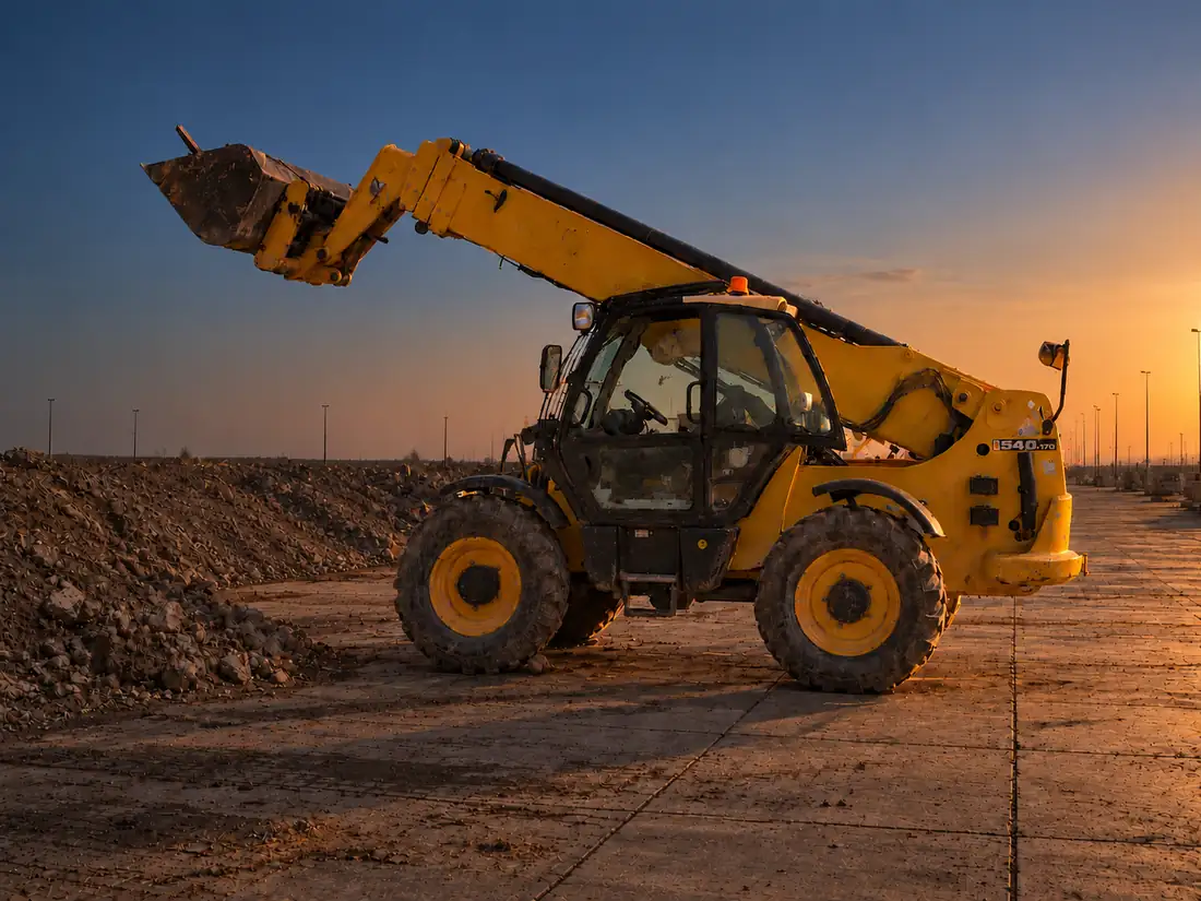 A yellow telehandler with its boom extended and bucket raised, in a work yard at sunset