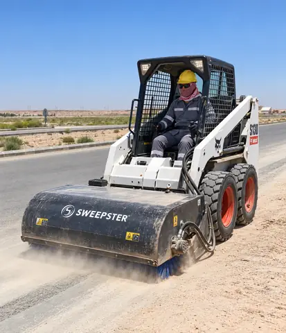 A skid steer loader fitted with a sweeper working on a road