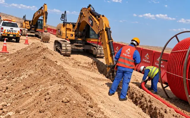 Two excavators digging a long trench across open ground while two Sapex technicians feed fiber optic cable duct from a large drum into it, with safety barriers enclosing the work site