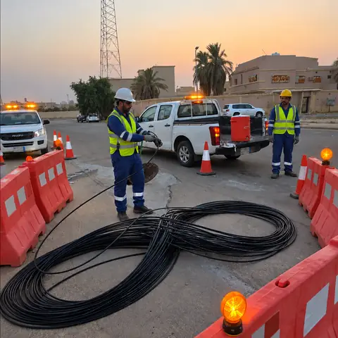 Two technicians in safety vests beside a coil of fiber optic cable on a barrier-fenced work site at sunset