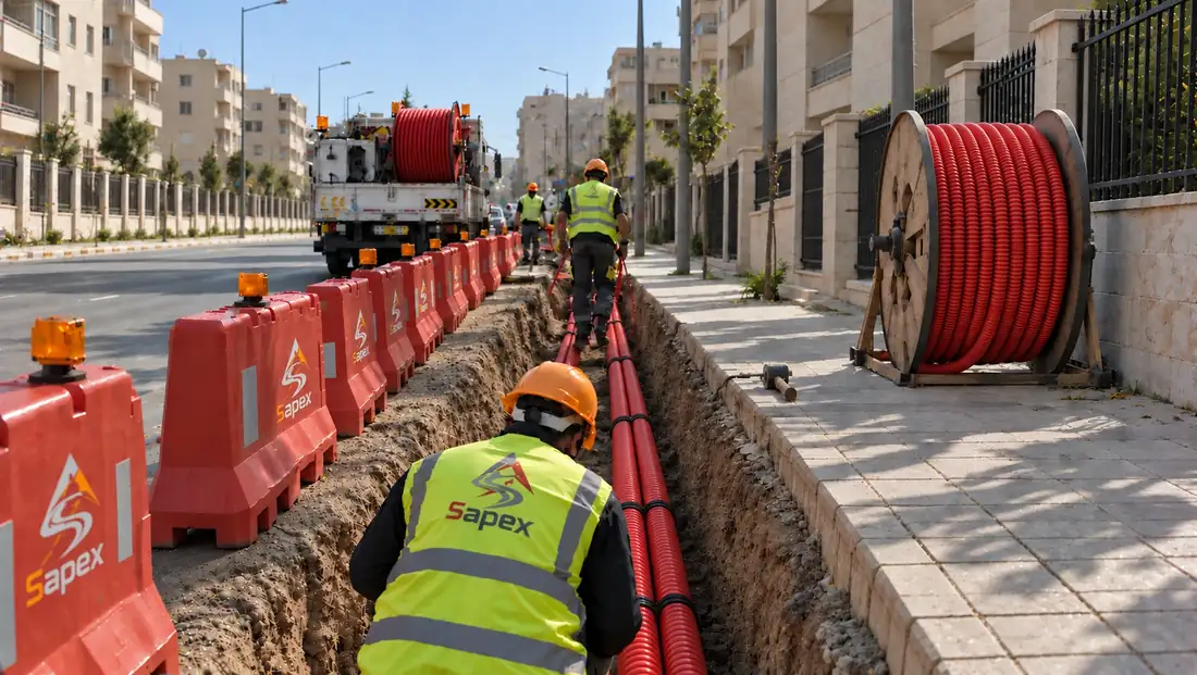 A Sapex technician in a company vest laying fiber optic cable ducts in a roadside trench, with cable drums and the work truck behind him