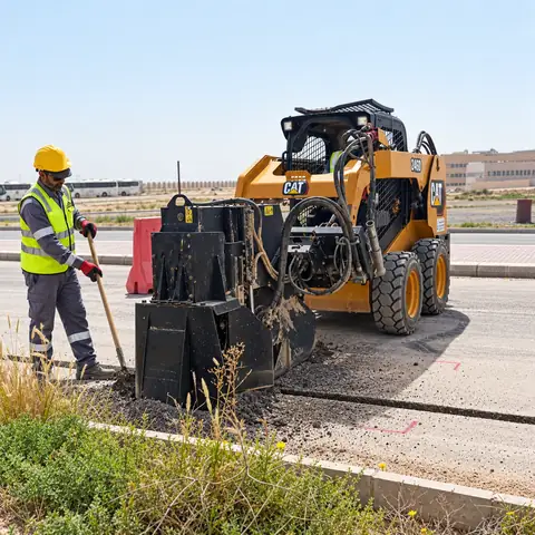 A narrow-trench cutter opening a cable route at the edge of a street, with a worker in a safety vest beside it